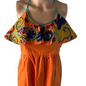 Orange Embroidered Ruffle Halter Dress‎ Boho Festival Vacation